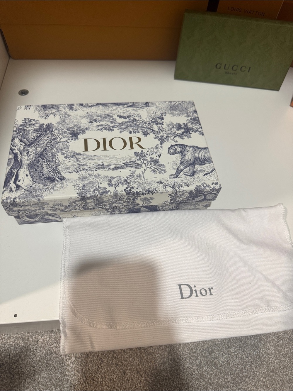 White and Navy Toile Patterned Accessory Box with White Dust Bag